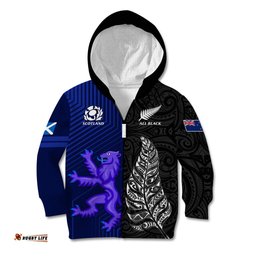 Personalised New Zealand and Scotland Rugby Kid Hoodie All Black Maori With Thistle Together
