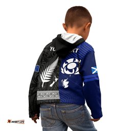 Personalised New Zealand and Scotland Rugby Kid Hoodie All Black Maori With Thistle Together