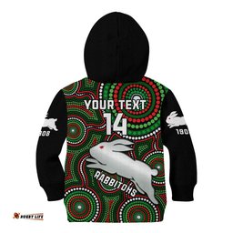 Personalised Rabbitohs Rugby Kid Hoodie Souths 1908 Indigenous Art