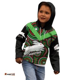 Personalised Rabbitohs Rugby Kid Hoodie Souths 1908 Indigenous Art