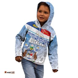 New Zealand Auckland Kid Hoodie Auckland's Flag and Coat of Arms Koru Art Maori Pattern