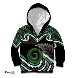 Koru Pounamu Aotearoa Kid Hoodie Maori Paua Shell Mix Silver Fern