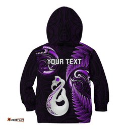 Personalised New Zealand Kid Hoodie Aotearoa Silver Fern With Manaia Maori Unique Purple