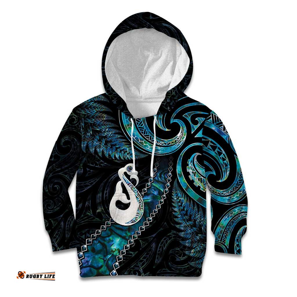New Zealand Aotearoa Kid Hoodie Maori Manaia Paua Shell Glitter Turquoise
