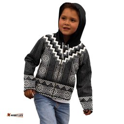 Black Taniko Aotearoa Kid Hoodie Niho Taniwha Mix Poutama