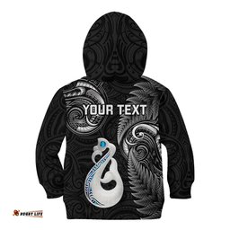 Personalised New Zealand Kid Hoodie Aotearoa Silver Fern With Manaia Maori Unique Black