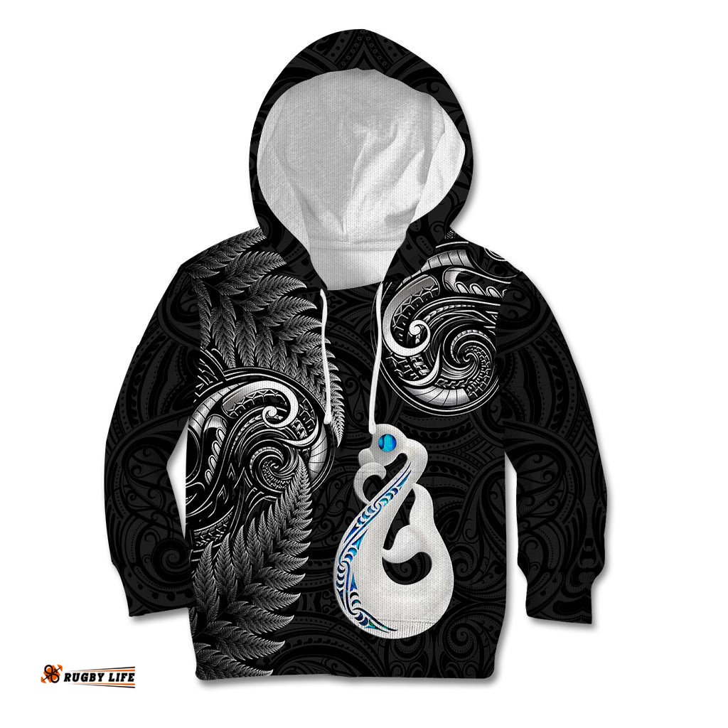 Personalised New Zealand Kid Hoodie Aotearoa Silver Fern With Manaia Maori Unique Black