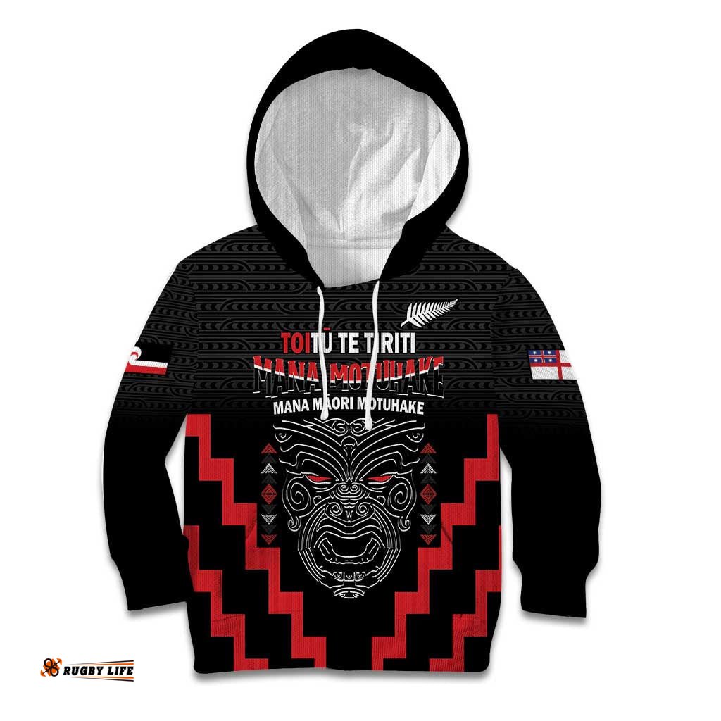 Personalised Toitu Te Tiriti Mana Maori Motuhake Kid Hoodie Aotearoa Haka Face Mix Poutama Art