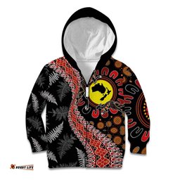 Aotearoa and Australia Kid Hoodie Maori Koru Ferns With Aboriginal Kangaroo