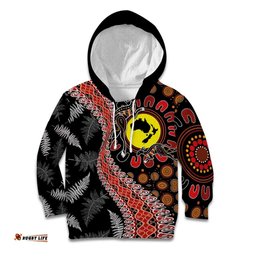 Aotearoa and Australia Kid Hoodie Maori Koru Ferns With Aboriginal Kangaroo