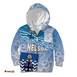 New Zealand Nelson Kid Hoodie Nelson's Flag and Seal Maori Art Tattoo