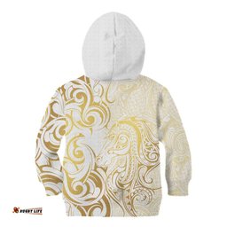 Gold And White Aoteara Horse Racing Kid Hoodie NZ Maori Pattern