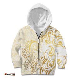 Gold And White Aoteara Horse Racing Kid Hoodie NZ Maori Pattern