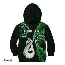 Personalised New Zealand Kid Hoodie Aotearoa Silver Fern With Manaia Maori Unique Green