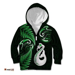 Personalised New Zealand Kid Hoodie Aotearoa Silver Fern With Manaia Maori Unique Green