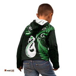 Personalised New Zealand Kid Hoodie Aotearoa Silver Fern With Manaia Maori Unique Green