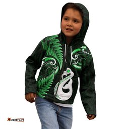 Personalised New Zealand Kid Hoodie Aotearoa Silver Fern With Manaia Maori Unique Green
