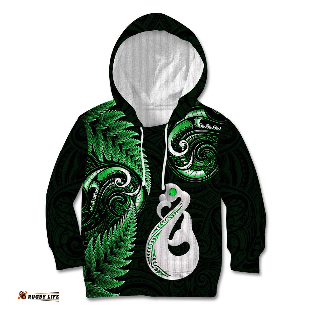 Personalised New Zealand Kid Hoodie Aotearoa Silver Fern With Manaia Maori Unique Green