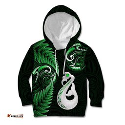 Personalised New Zealand Kid Hoodie Aotearoa Silver Fern With Manaia Maori Unique Green