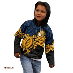 Custom Parra Eels Rugby Kid Hoodie Hibiscus and Turtle With Polynesian Pattern