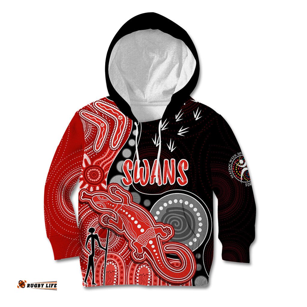 Personalised NAIDOC Week AFL Swans Kid Hoodie Aboriginal Dot Art Lizard Mix Boomerang