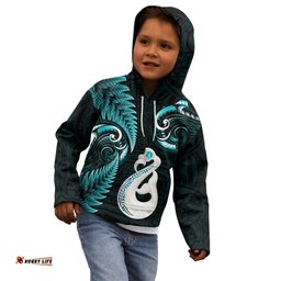 Personalised New Zealand Kid Hoodie Aotearoa Silver Fern With Manaia Maori Unique Turquoise