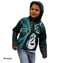 Personalised New Zealand Kid Hoodie Aotearoa Silver Fern With Manaia Maori Unique Turquoise