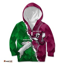 Personalised Rabbitohs And Eagles Rugby Kid Hoodie NRL 2024 Dynamic Together