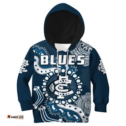 Custom Text And Number Carlton Football Hoodie KID Blues 1864 Boomerang Indigenous Artsy