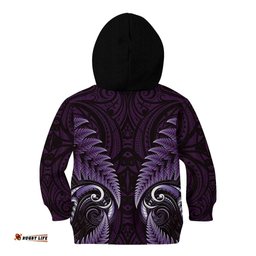 Aotearoa Pounamu Niho Kid Hoodie Silver Fern Mix Maori Pattern Purple