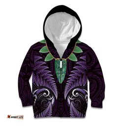 Aotearoa Pounamu Niho Kid Hoodie Silver Fern Mix Maori Pattern Purple