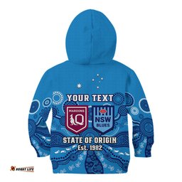 Personalised QLD Maroons and NSW Blues Rugby Kid Hoodie State of Origin Indigenous Blue