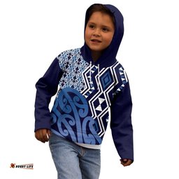 New Zealand Kid Hoodie Aotearoa Kowhaiwhai Mix Taniko Art Blue