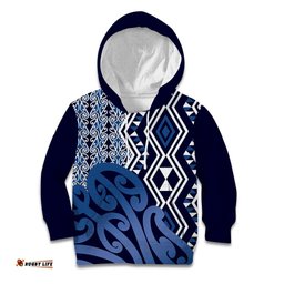 New Zealand Kid Hoodie Aotearoa Kowhaiwhai Mix Taniko Art Blue