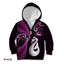 Personalised New Zealand Kid Hoodie Aotearoa Silver Fern With Manaia Maori Unique Pink