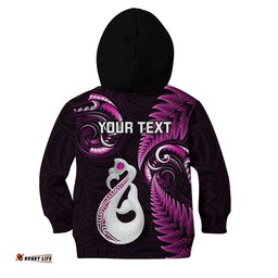 Personalised New Zealand Kid Hoodie Aotearoa Silver Fern With Manaia Maori Unique Pink