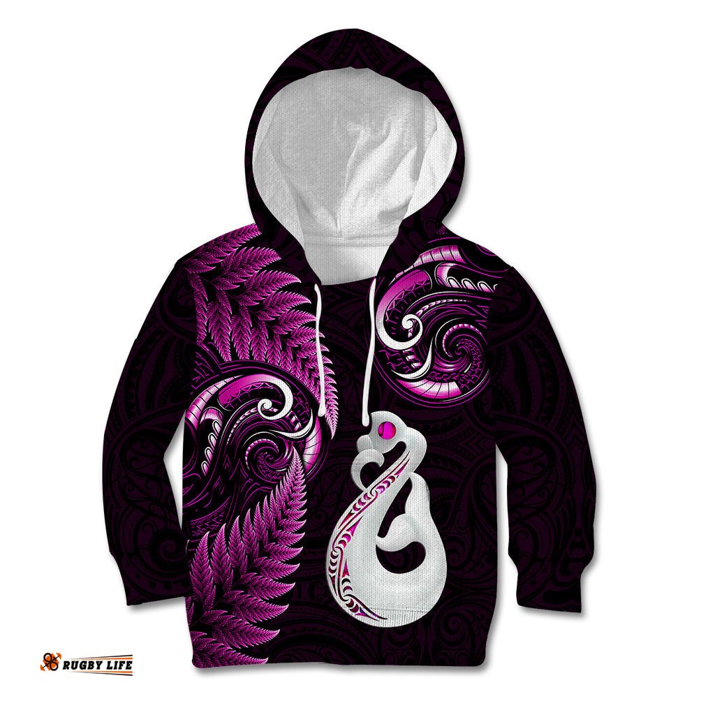 Personalised New Zealand Kid Hoodie Aotearoa Silver Fern With Manaia Maori Unique Pink