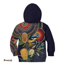 Aussie Honeyeaters Banksia Flowers Kid Hoodie Aboriginal Dots Painting