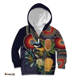 Aussie Honeyeaters Banksia Flowers Kid Hoodie Aboriginal Dots Painting