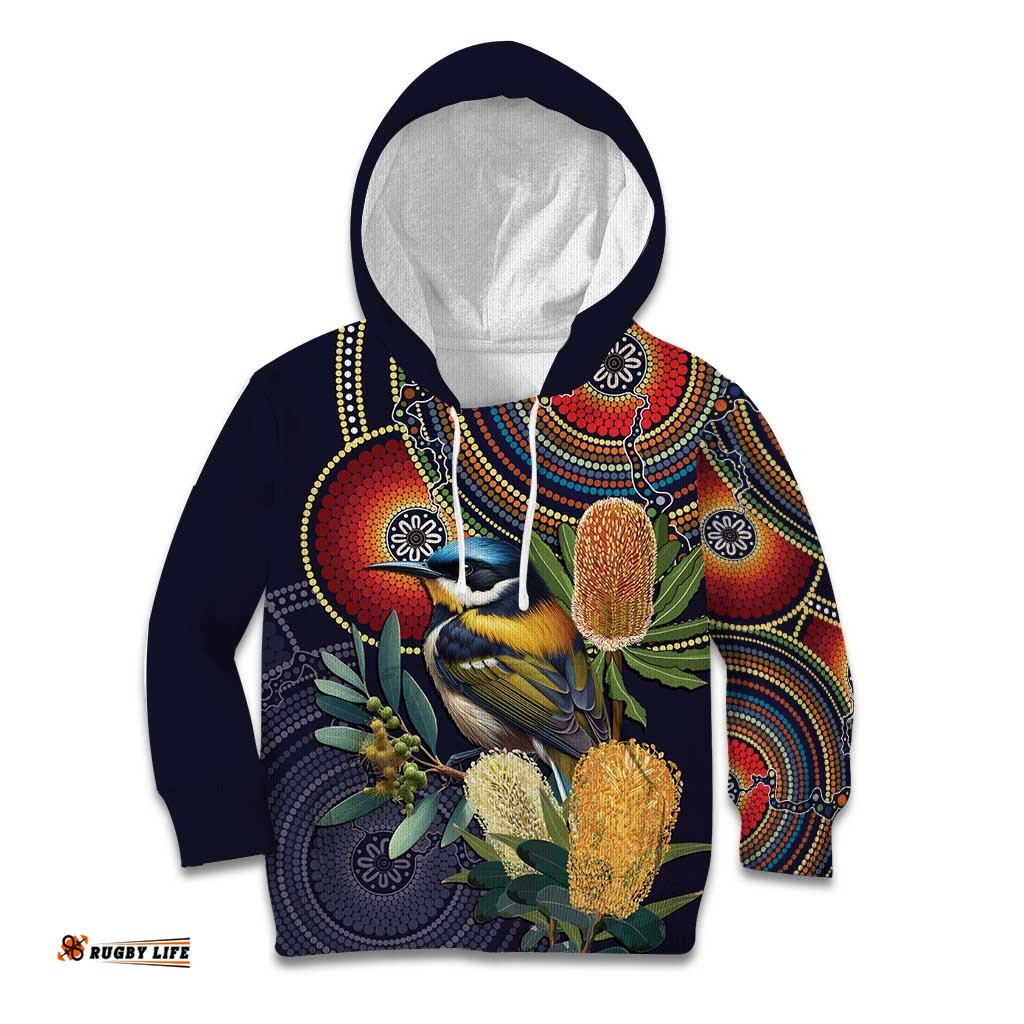 Aussie Honeyeaters Banksia Flowers Kid Hoodie Aboriginal Dots Painting