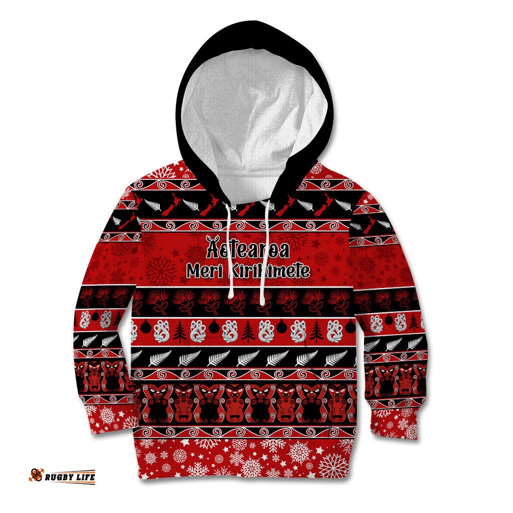 Personalised New Zealand Christmas Kid Hoodie Aotearoa Kiwi Meri Kirihimete Red Version