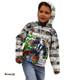 Custom Magpies Football Merry Christmas Kid Hoodie Indigenous Australian Art