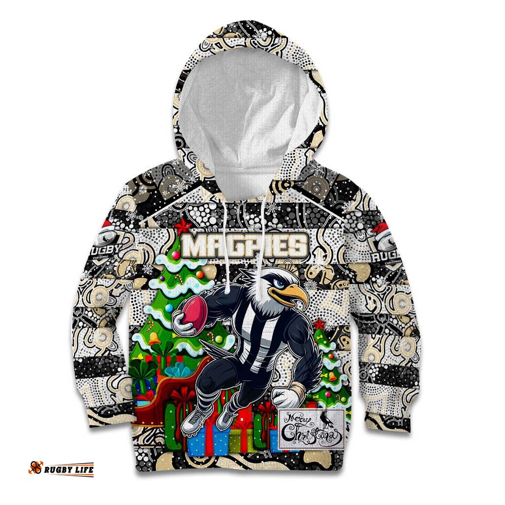 Custom Magpies Football Merry Christmas Kid Hoodie Indigenous Australian Art