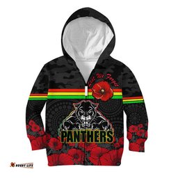 Custom Personalised Panthers Rugby ANZAC Kid Hoodie Angry Panther Camouflage With Poppy