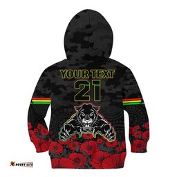 Custom Personalised Panthers Rugby ANZAC Kid Hoodie Angry Panther Camouflage With Poppy