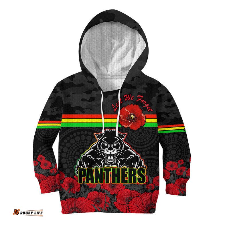Custom Personalised Panthers Rugby ANZAC Kid Hoodie Angry Panther Camouflage With Poppy