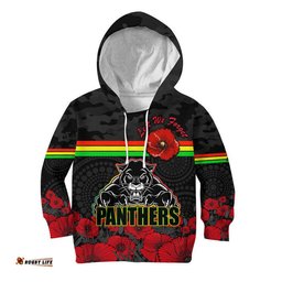 Custom Personalised Panthers Rugby ANZAC Kid Hoodie Angry Panther Camouflage With Poppy