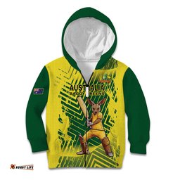 Custom Australia Cricket Kid Hoodie Aussie Baggy Greens Kangaroo Mascot Style