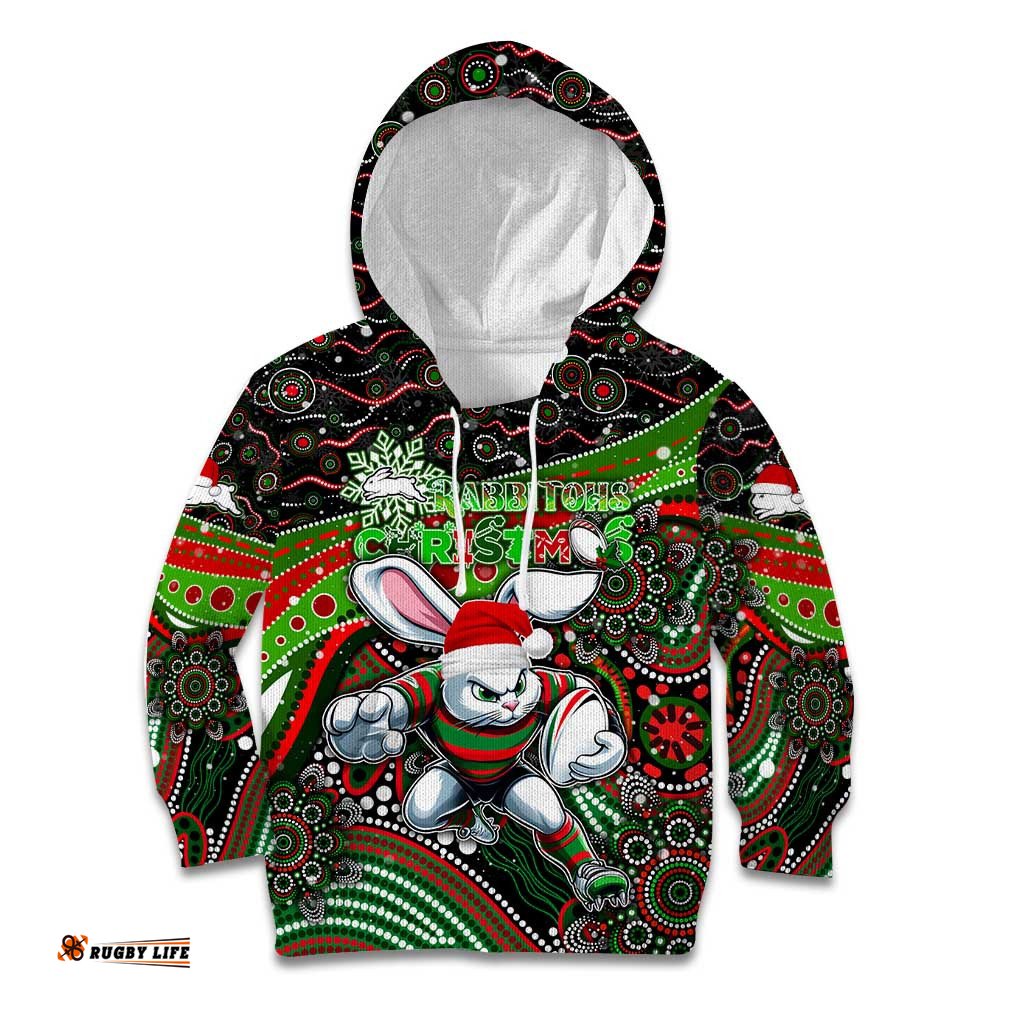 Merry Christmas Rabbitohs Kid Hoodie Aboriginal Santa Rugby Mascot South Sydney Bunnies