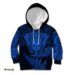 Personalised New Zealand Rugby Kid Hoodie Silver Fern All Black Mix Ta Moko Blue Style